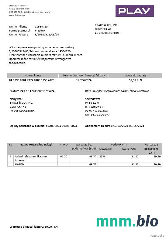 Poland Play rachunek za usługi komunalne template w formatach Word i PDF